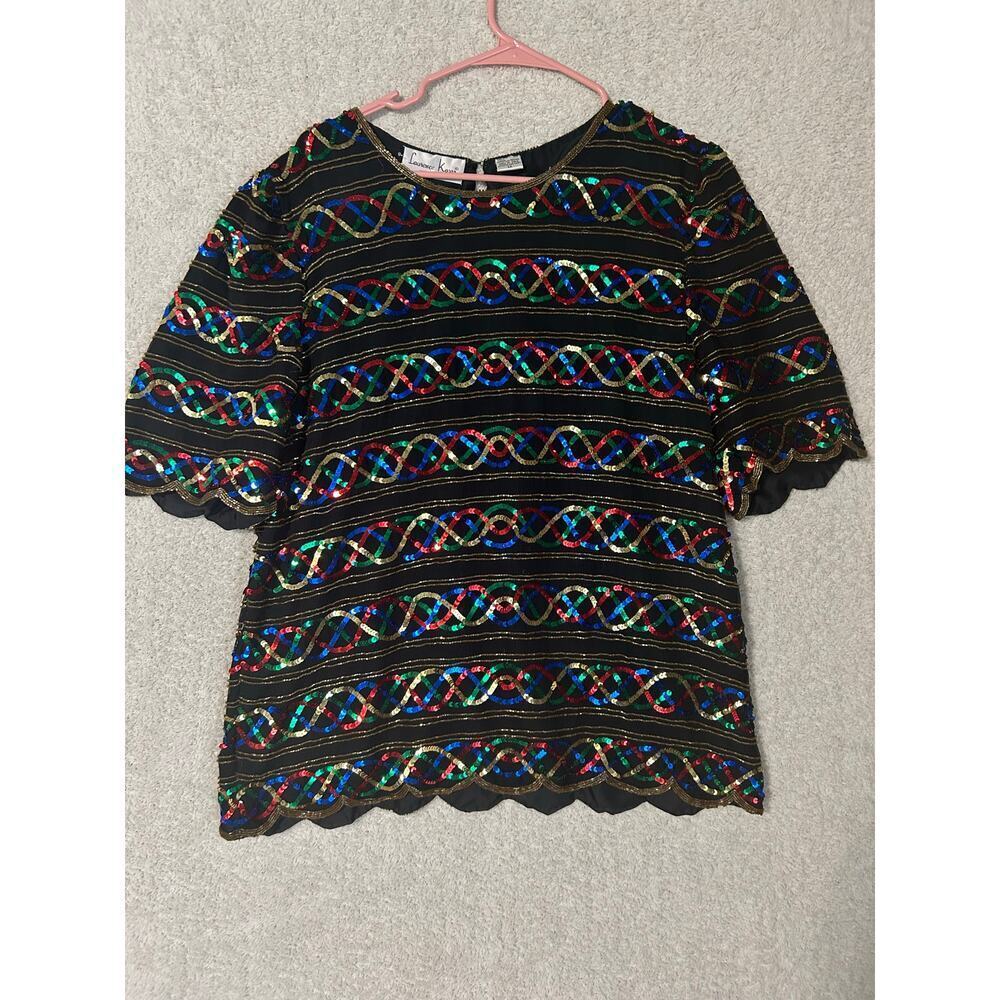 LAURENCE KAZAR Women's Blouse Short Sleeve Sequin Embellished 100% Silk.Size 1X